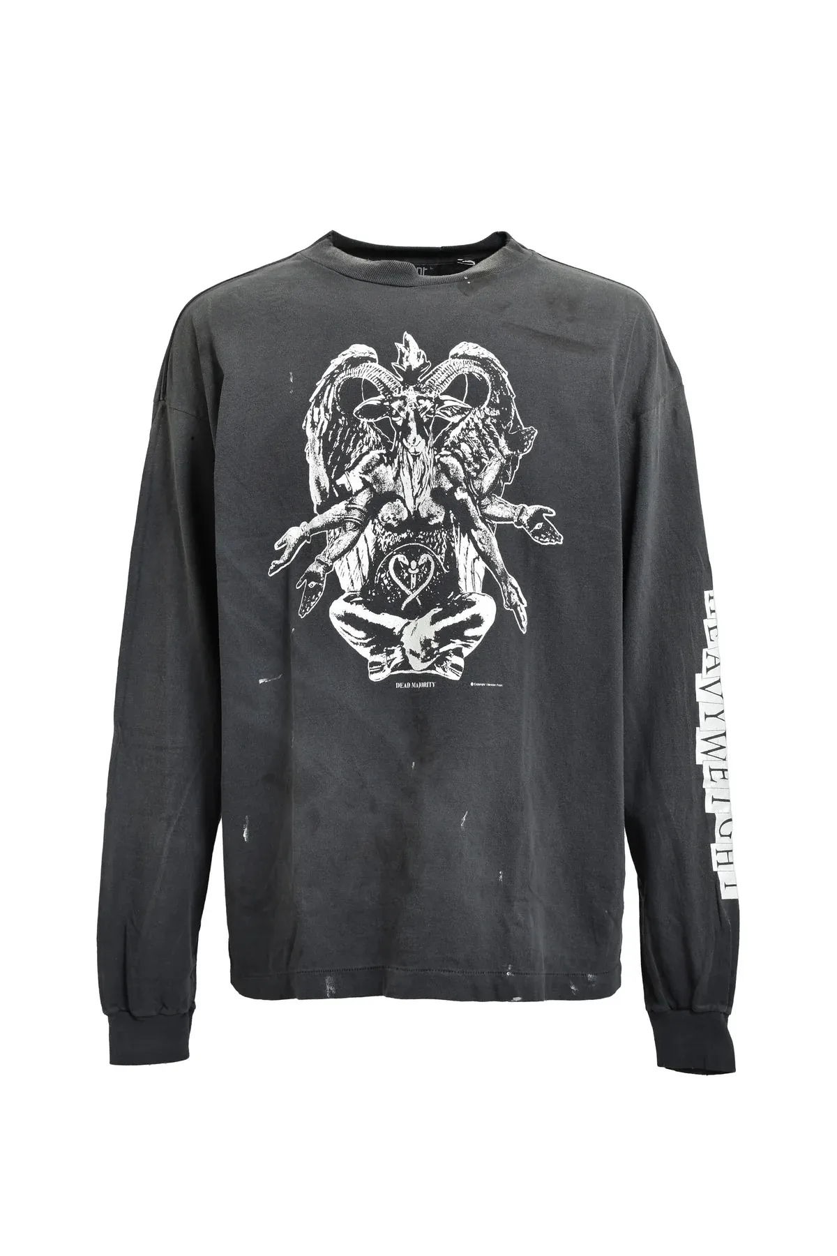 SAINT Mxxxxxx LS TEE/HEAVY WEIGHT/BLK sheep head devil distressed long sleeves, washed black S-XL 25 autumn and winter latest style, cylindrical side seam fabric, heavy wash water, faded and distressed, top printing technology, distressed crack treatment, correct version, original consistent main mark/washed mark/little angel anti-counterfeiting mark, hand-splashed ink graffiti, wormhole wear, top purchasing agent level